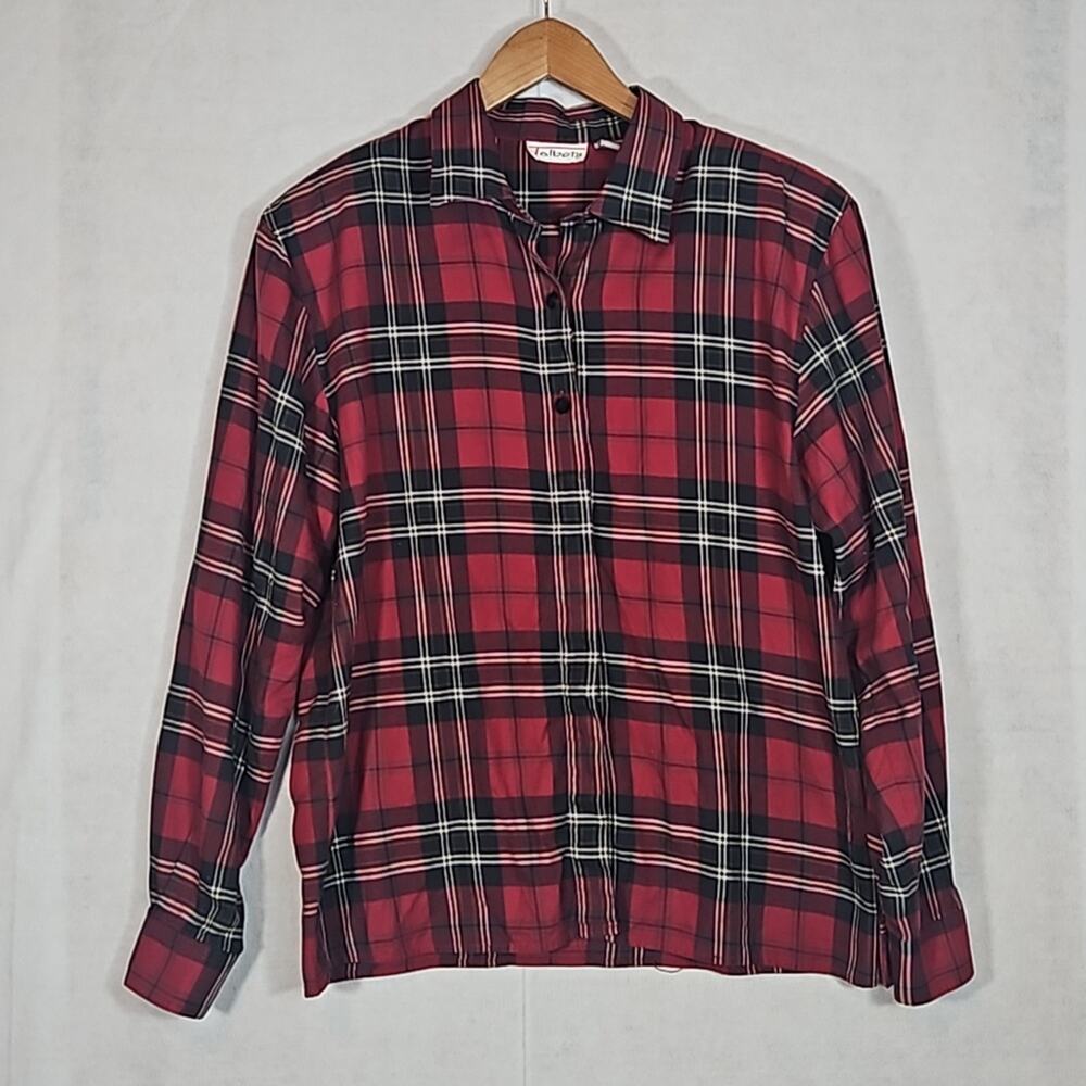 Vintage Talbots Plaid Cotton Button Up Shirt Velvet Accents Red Size 8 Academia